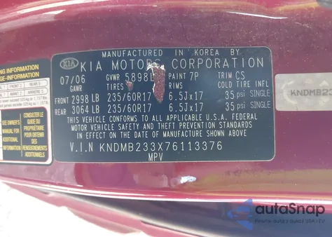 2007 Kia Sedona Ex из США, поврежденный, VIN KNDMB233X76113376